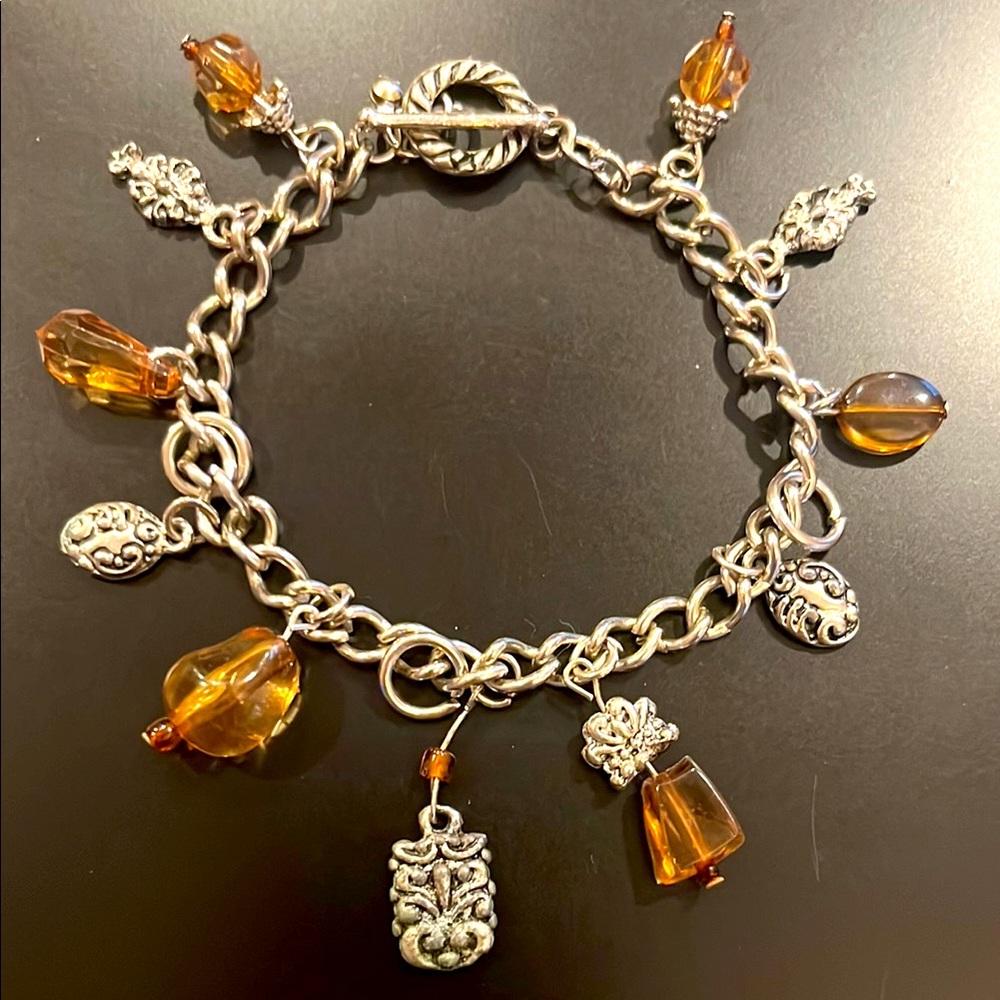 Amber Colored Beaded Silver Statement Unique Char… - image 1
